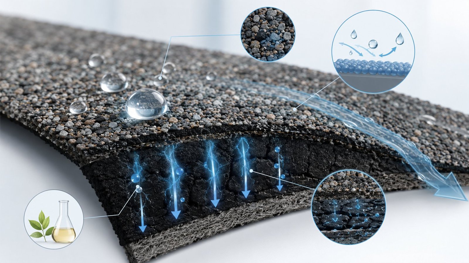 Coupe transversale bardeau asphalte montrant pénétration nanoparticules SiO2 et effet hydrophobe